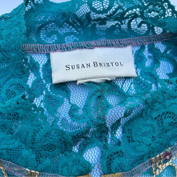 Susan Bristol Sheer Lace Sequin Turquoise Pink Front Zipper Blazer Jacket Blouse - Picture 5 of 9